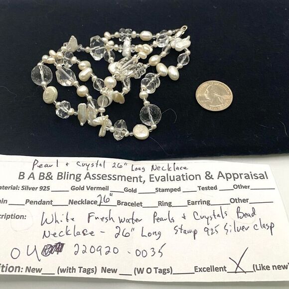 OU#  Long 26” Pearl & Crystal Necklace w/ 925 Silver Clasp - Picture 9 of 9